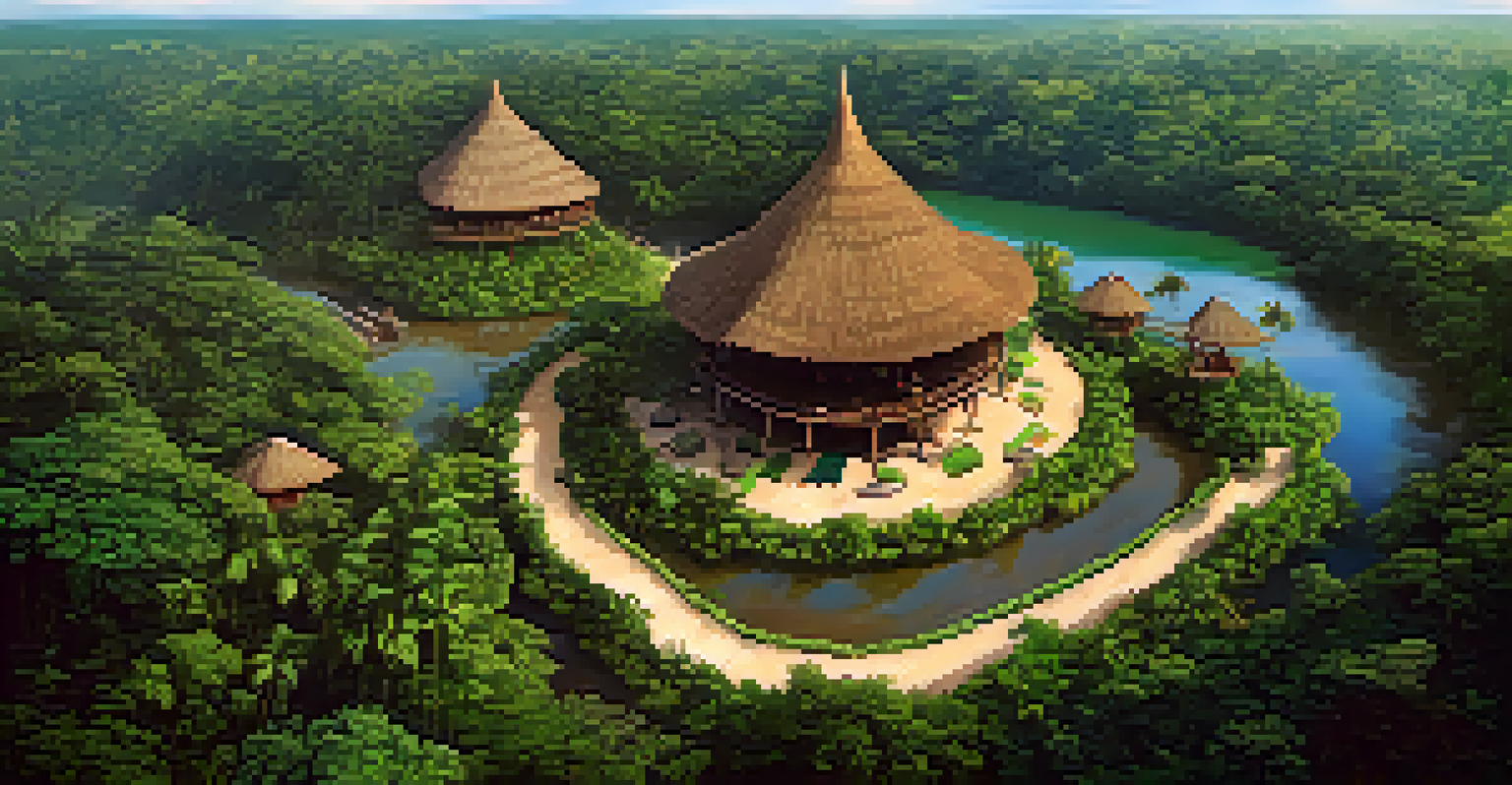 An aerial perspective of an ayahuasca retreat center in the Amazon rainforest, surrounded by lush greenery and featuring traditional huts.