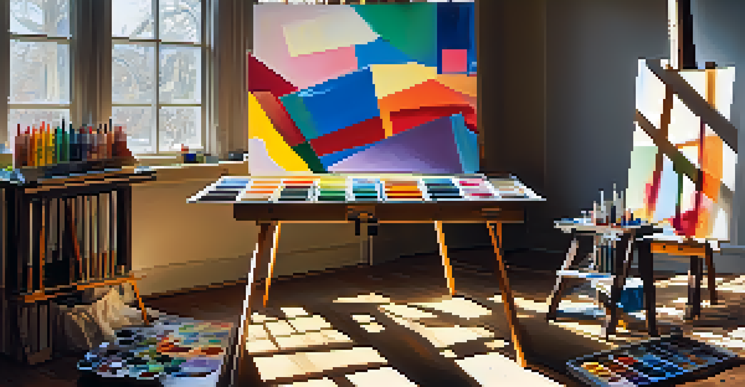 An artist's studio with colorful supplies, canvases, and a painting in progress illuminated by sunlight.