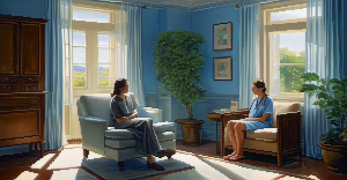 A healthcare professional sitting next to a patient in a softly lit room, fostering a calm and supportive atmosphere.