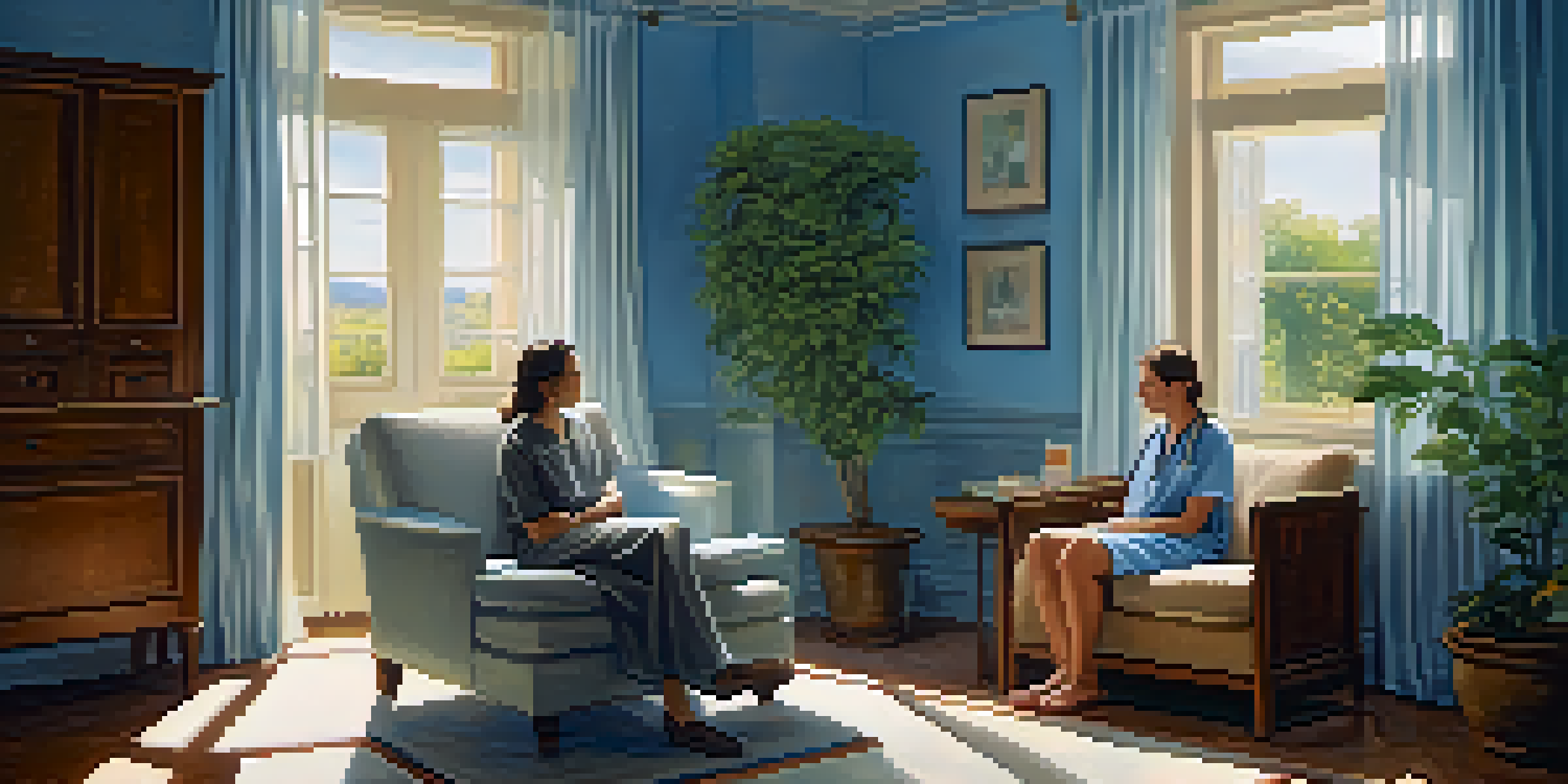 A healthcare professional sitting next to a patient in a softly lit room, fostering a calm and supportive atmosphere.