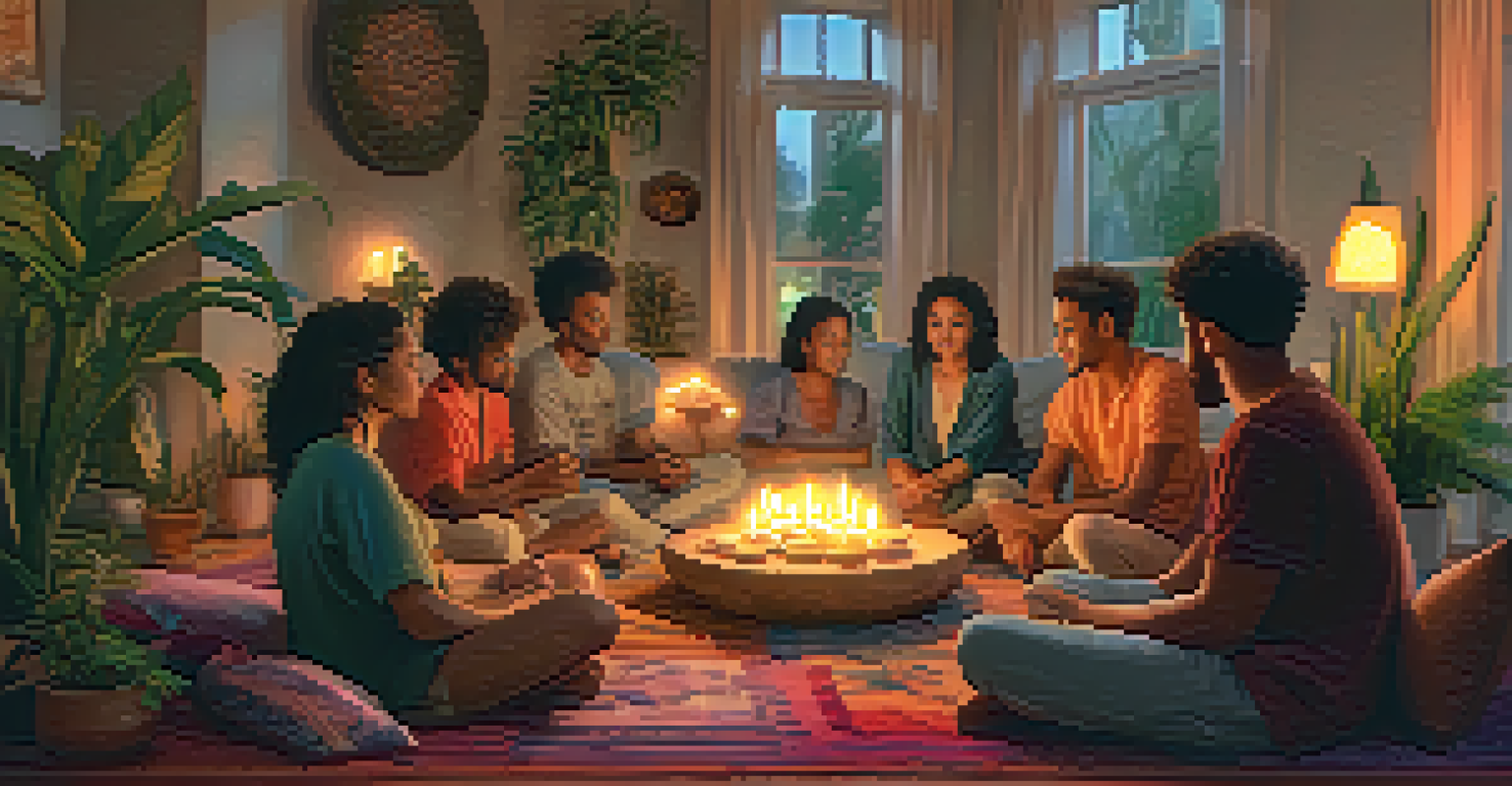 A cozy indoor setting with a group of individuals sitting in a circle, expressing emotions in a warm, inviting atmosphere.