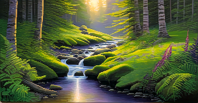 A peaceful forest at dawn with golden sunlight, a stream, and wildflowers, evoking tranquility.