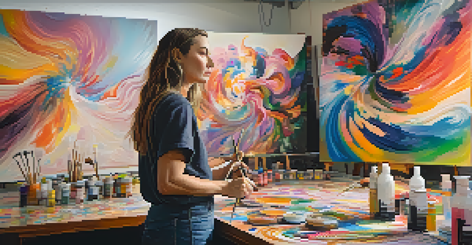 A contemporary artist painting in a studio, with swirling colors and abstract shapes on a large canvas.