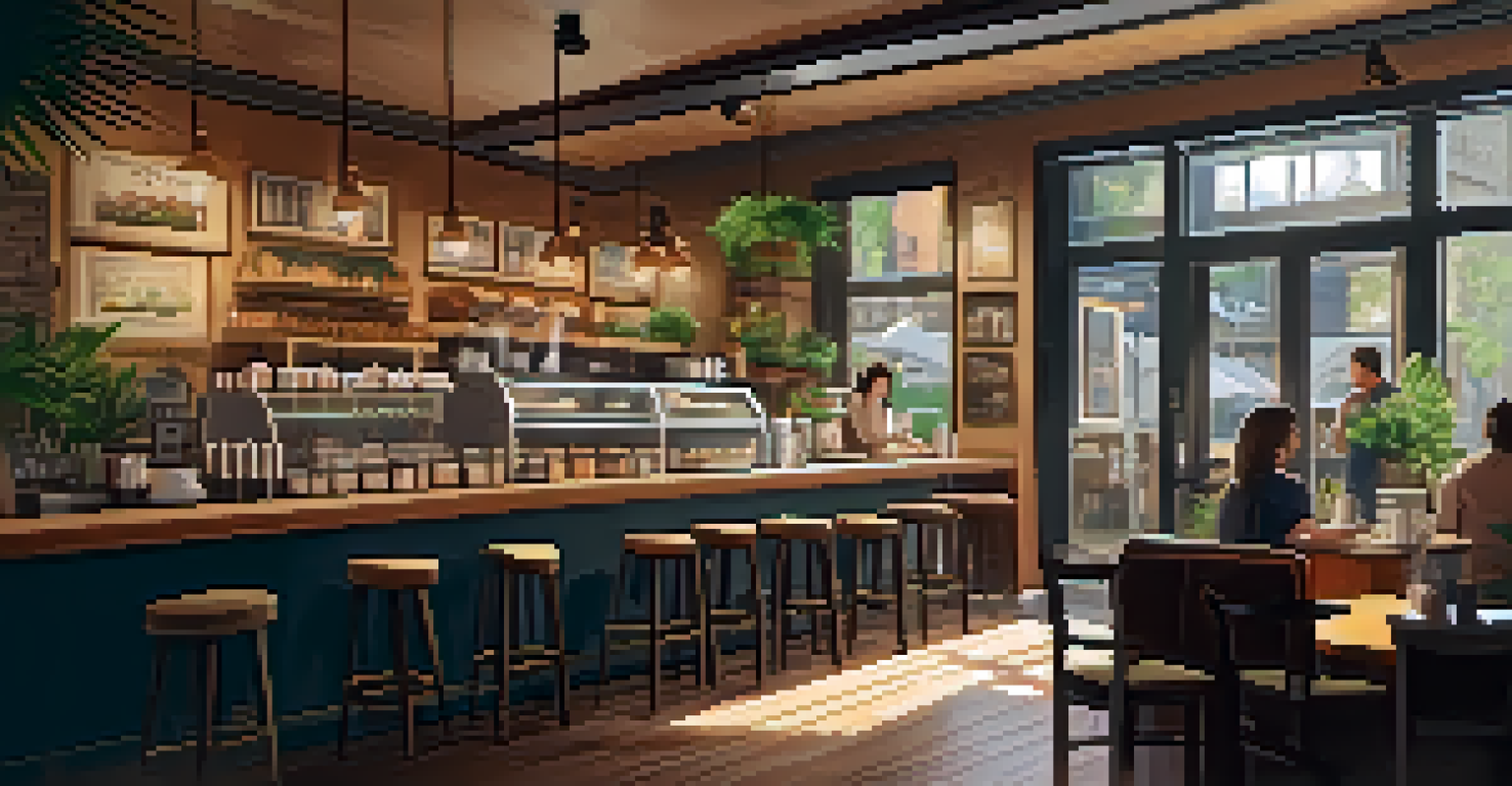 A warm and inviting coffee shop with wooden interiors, customers enjoying drinks, and a barista preparing coffee.