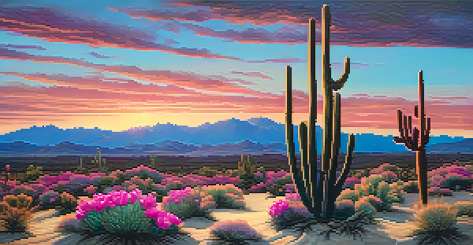 A desert landscape at sunset with a focus on a peyote cactus, showcasing vibrant flowers and a colorful sky.
