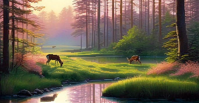 A peaceful forest landscape at dawn with sunlight filtering through trees and a stream flowing in the foreground. Deer are grazing in the scene.