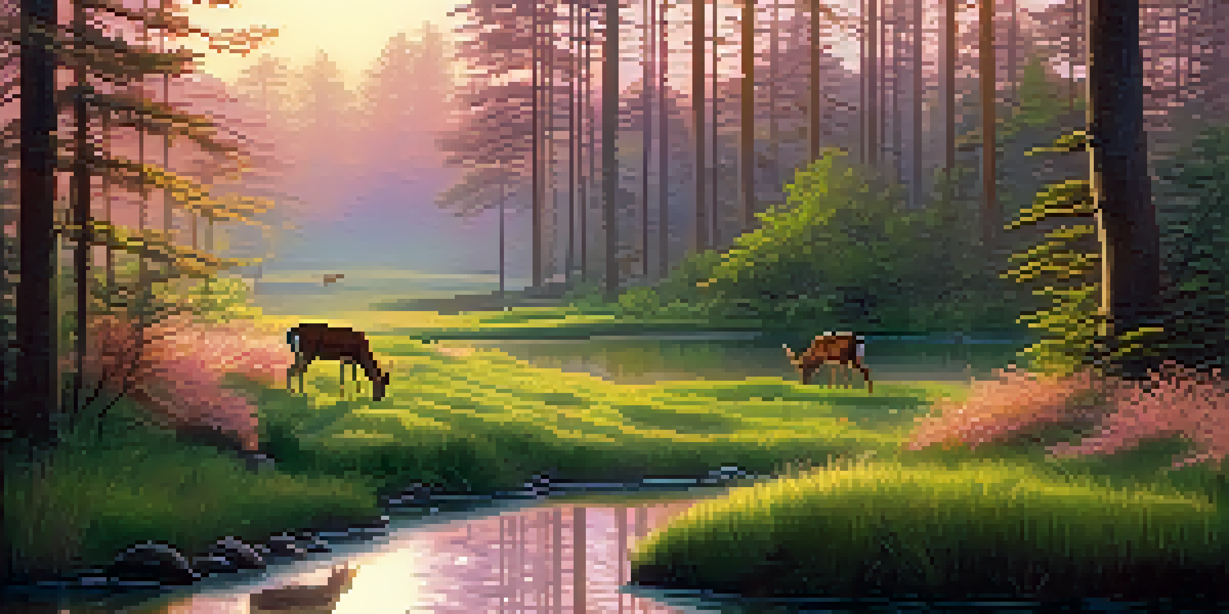 A peaceful forest landscape at dawn with sunlight filtering through trees and a stream flowing in the foreground. Deer are grazing in the scene.