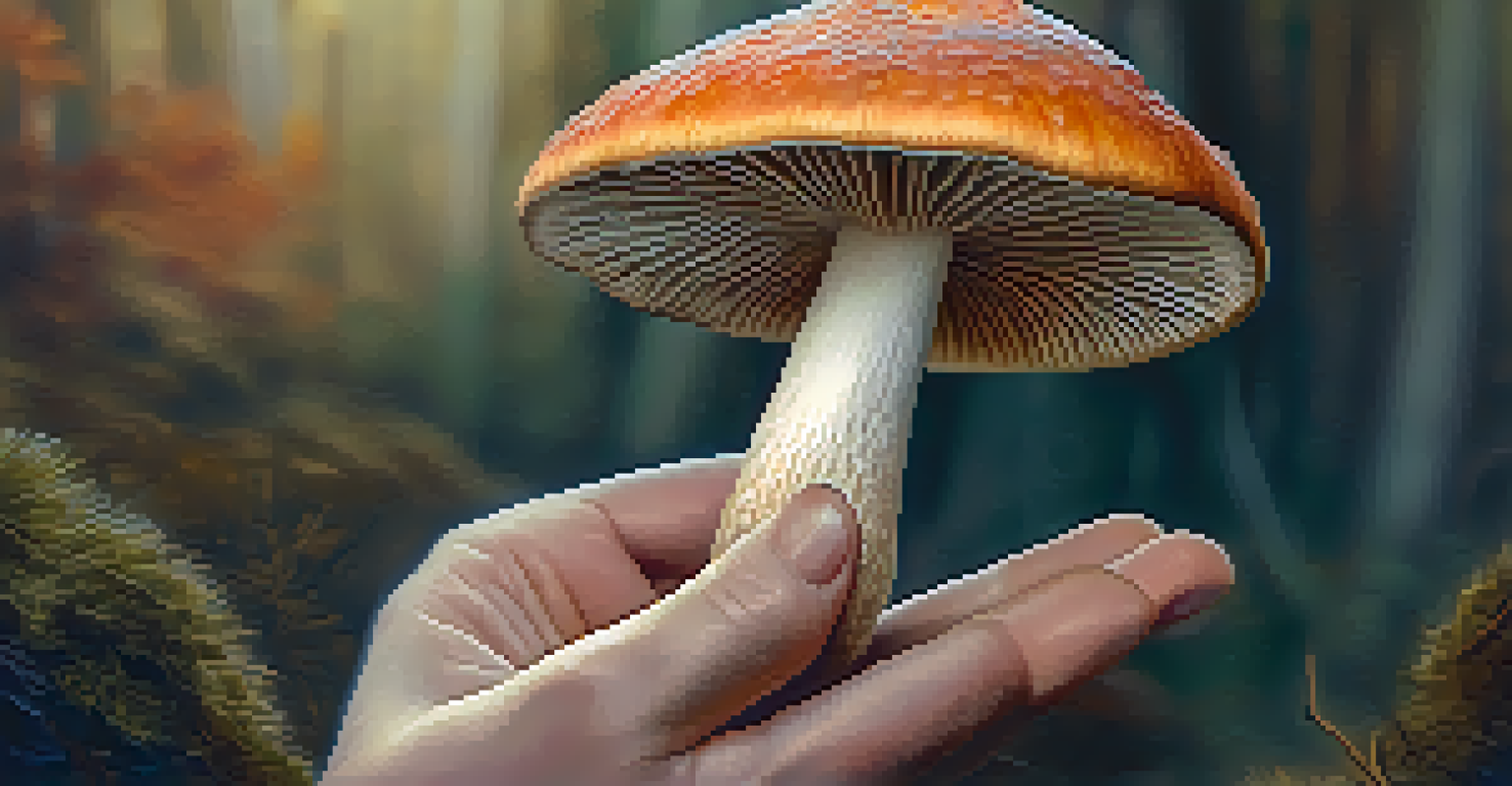 A close-up of a hand holding a psilocybin mushroom against a blurred earthy background.