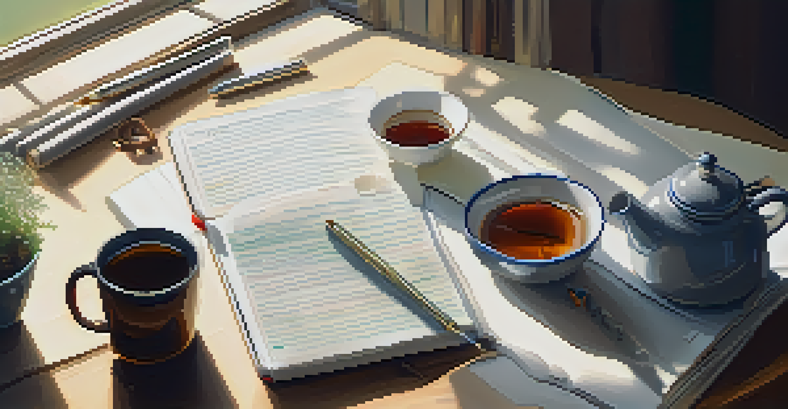 A close-up of an open notebook with handwritten notes, pens, and a cup of tea, creating a warm and inviting atmosphere for reflection.