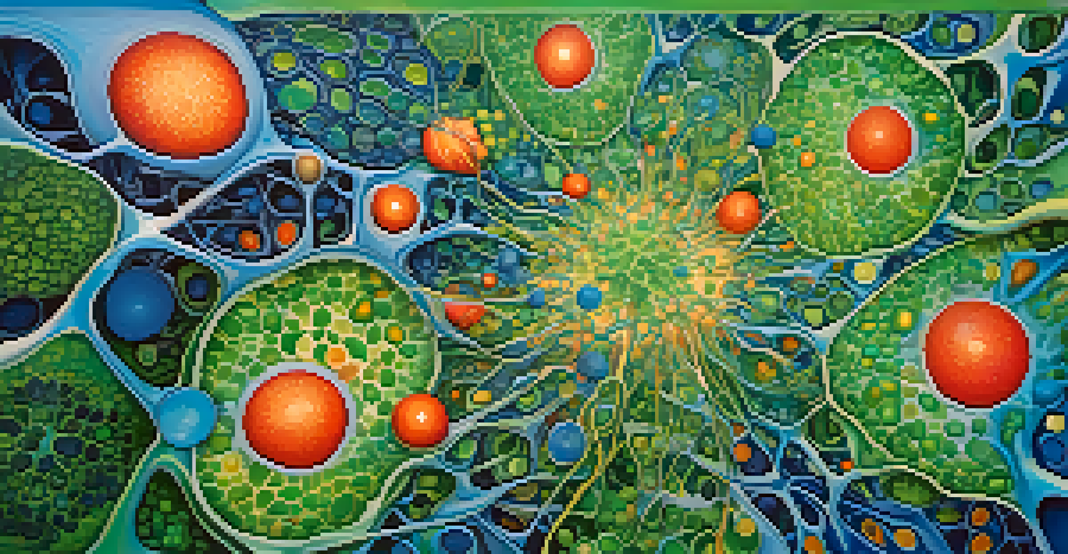 An abstract illustration of the immune system with colorful cells and swirling patterns.