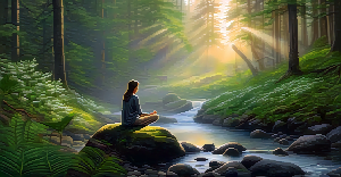 A peaceful forest with a stream, sunlight filtering through trees, and a person meditating by the water.