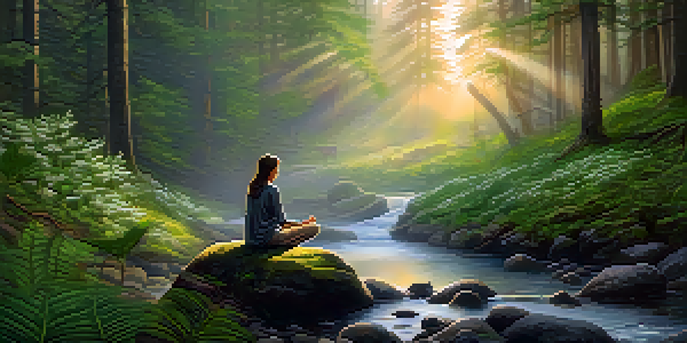 A peaceful forest with a stream, sunlight filtering through trees, and a person meditating by the water.