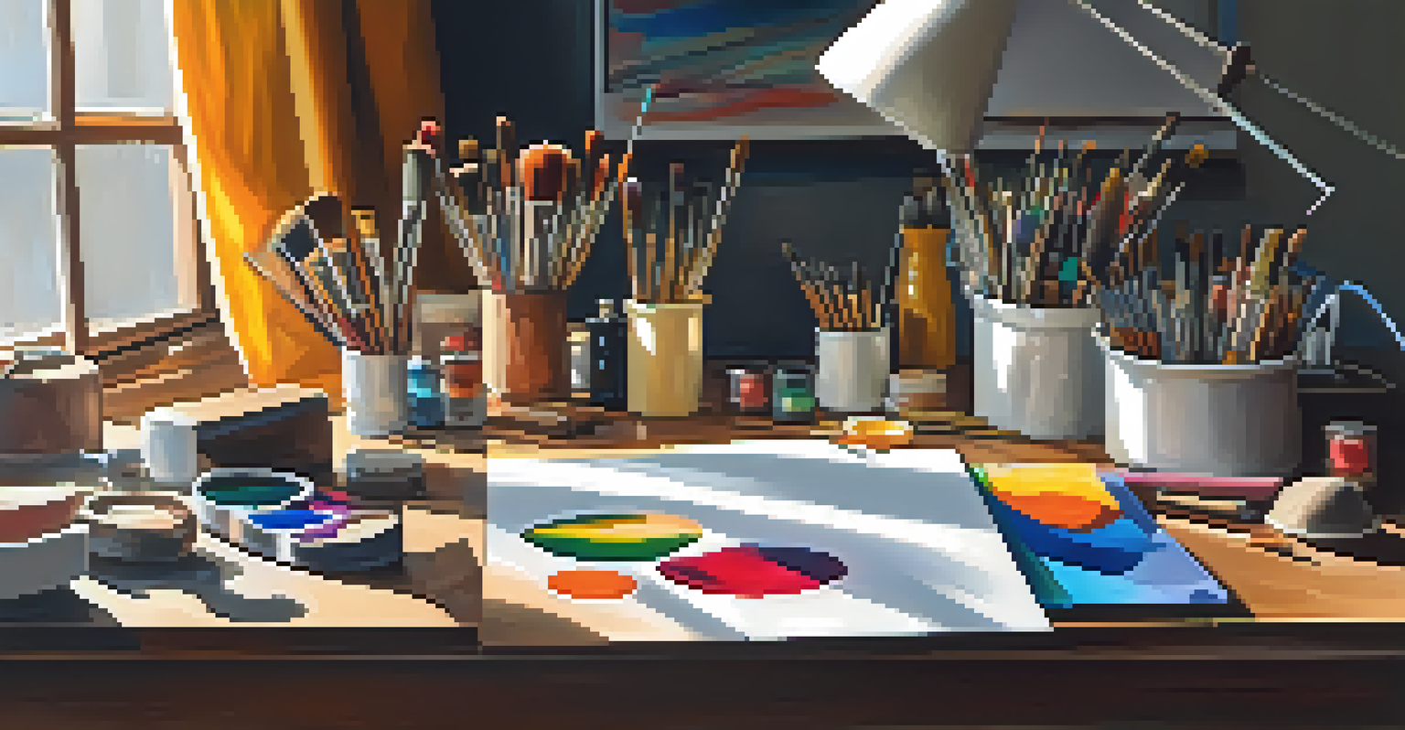 An artistic workspace with paints, brushes, and a canvas filled with abstract shapes, illuminated by natural light.