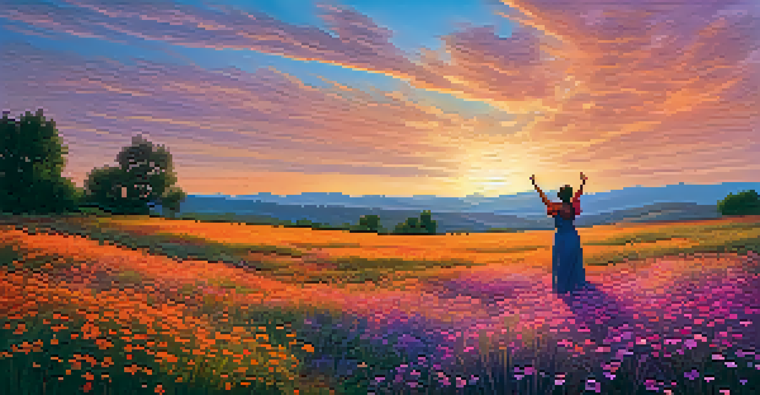 A person standing in a colorful wildflower field at sunset, with arms raised in appreciation.