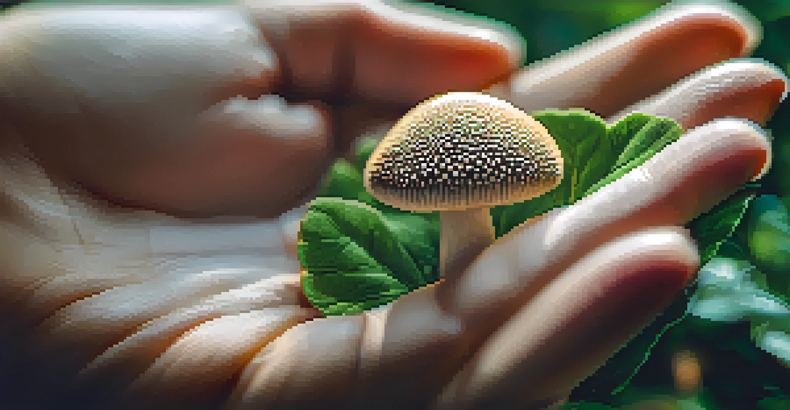 A close-up of a hand holding a psilocybin mushroom amidst lush greenery, showcasing the texture of the mushroom and soft sunlight filtering through the leaves.