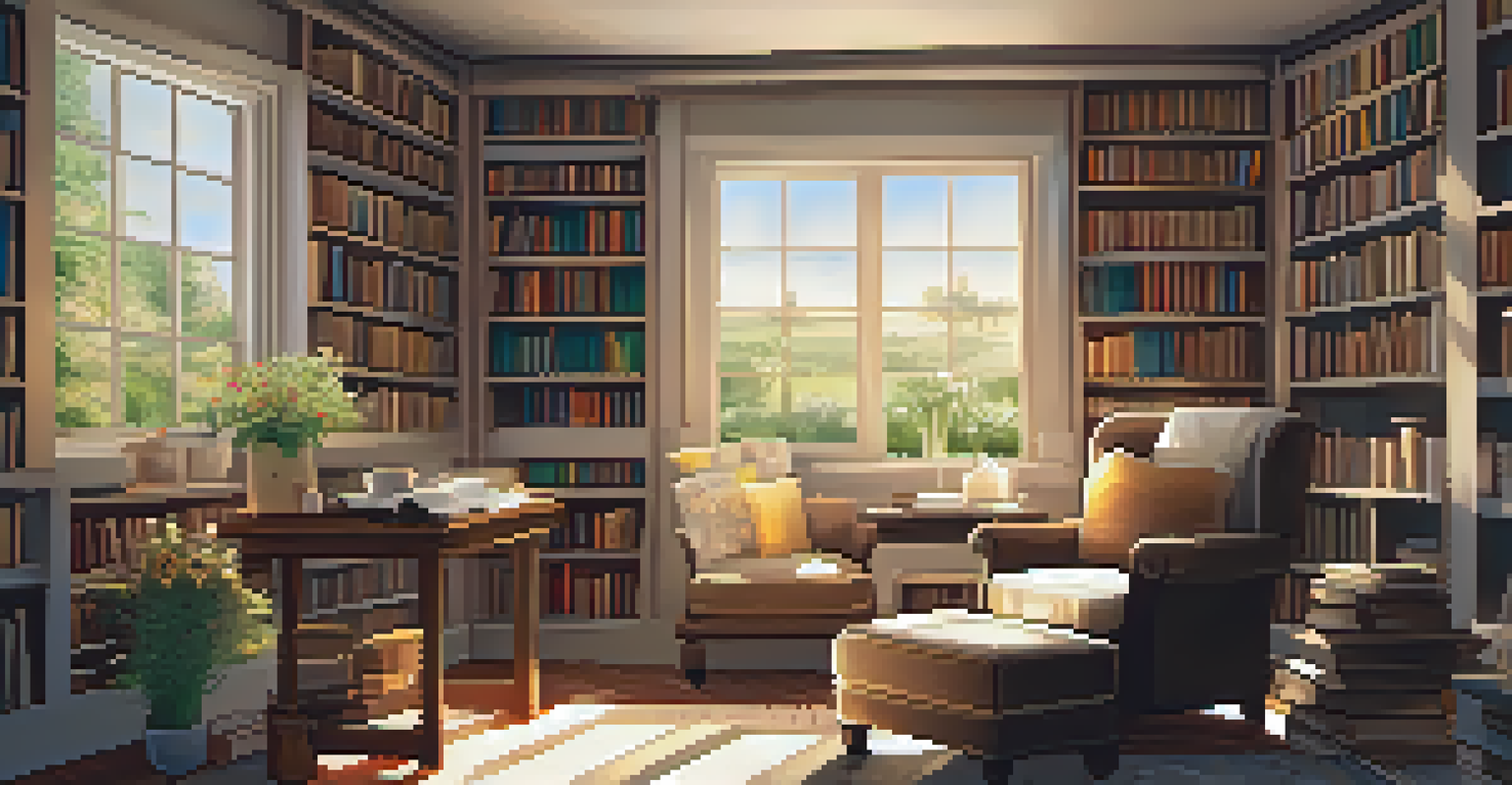 A cozy room with soft lighting, a comfortable chair, a journal, and a cup of tea by the window.