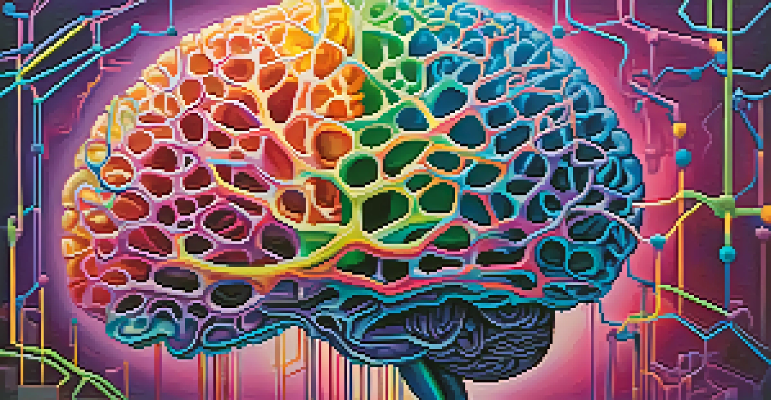 An abstract illustration of a brain with colorful neural connections set against a calming blue and purple background.