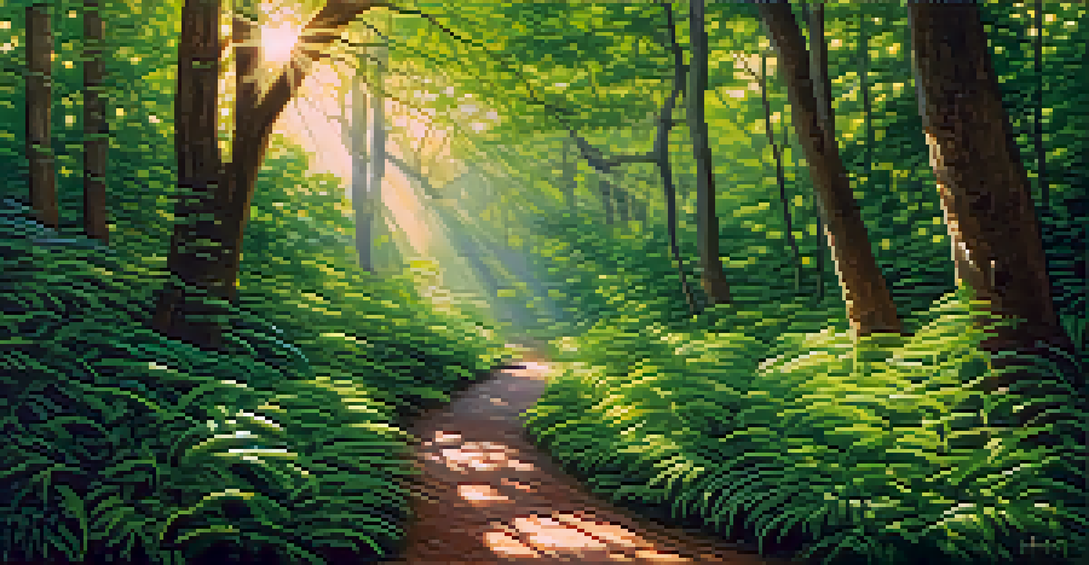 A winding path through a lush forest with sunlight filtering through the leaves, symbolizing a journey of healing.