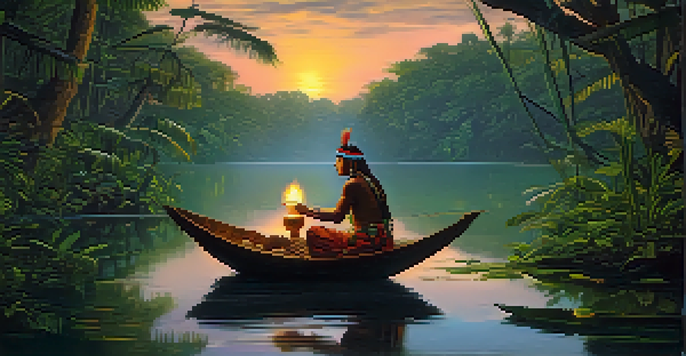 A peaceful scene of the Amazon rainforest at twilight, with a river and an indigenous shaman preparing for an Ayahuasca ceremony.