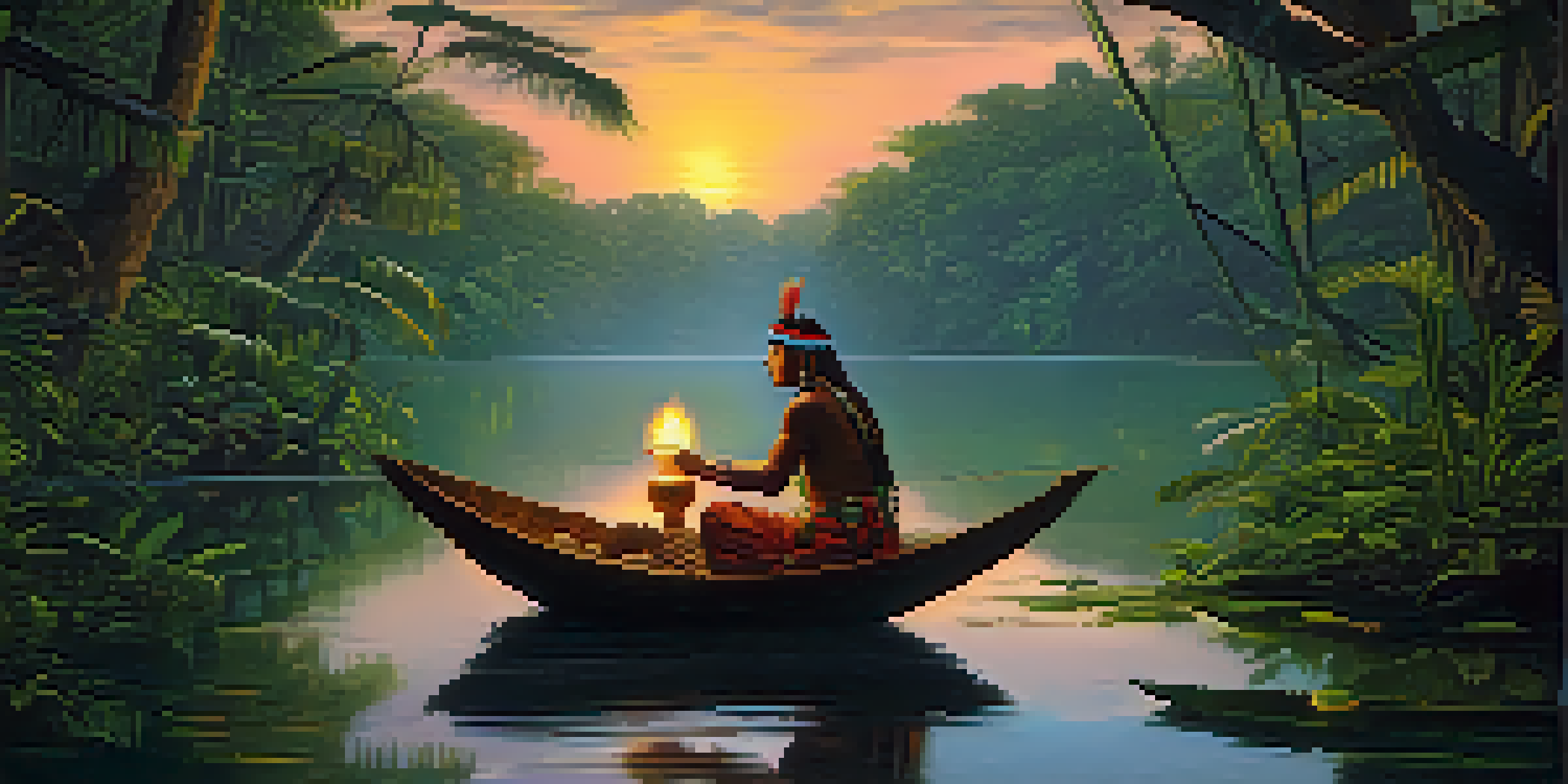 A peaceful scene of the Amazon rainforest at twilight, with a river and an indigenous shaman preparing for an Ayahuasca ceremony.