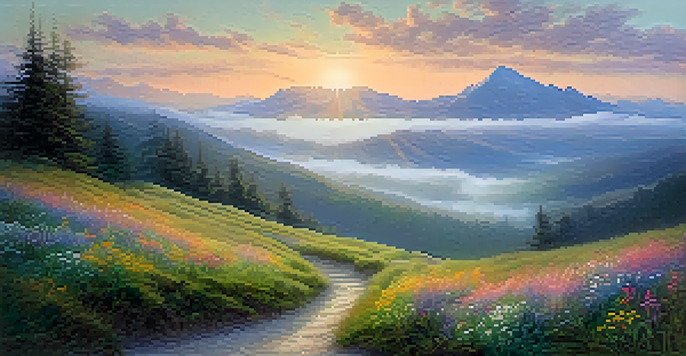 A foggy landscape at dawn with a winding path leading up a mountain, sunlight breaking through the mist and illuminating wildflowers in the foreground.