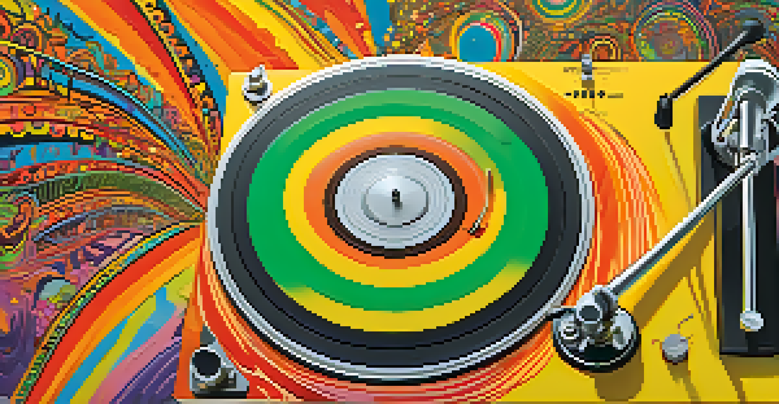 A colorful depiction of a vinyl record on a turntable, surrounded by psychedelic sound waves and patterns representing the spirit of progressive rock.