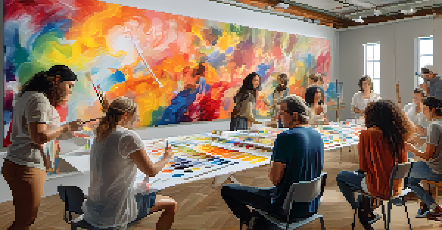 A group of diverse artists collaborating on a large canvas in a bright space, contributing unique styles and colors to a stunning mural.