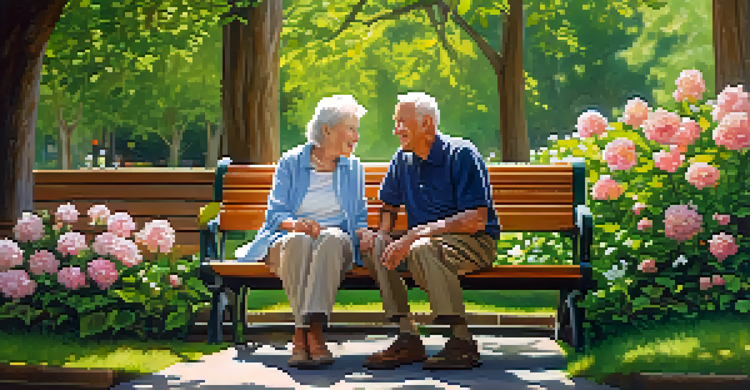 An elderly couple on a bench in a park, surrounded by flowers, sharing a joyful conversation under warm sunlight.