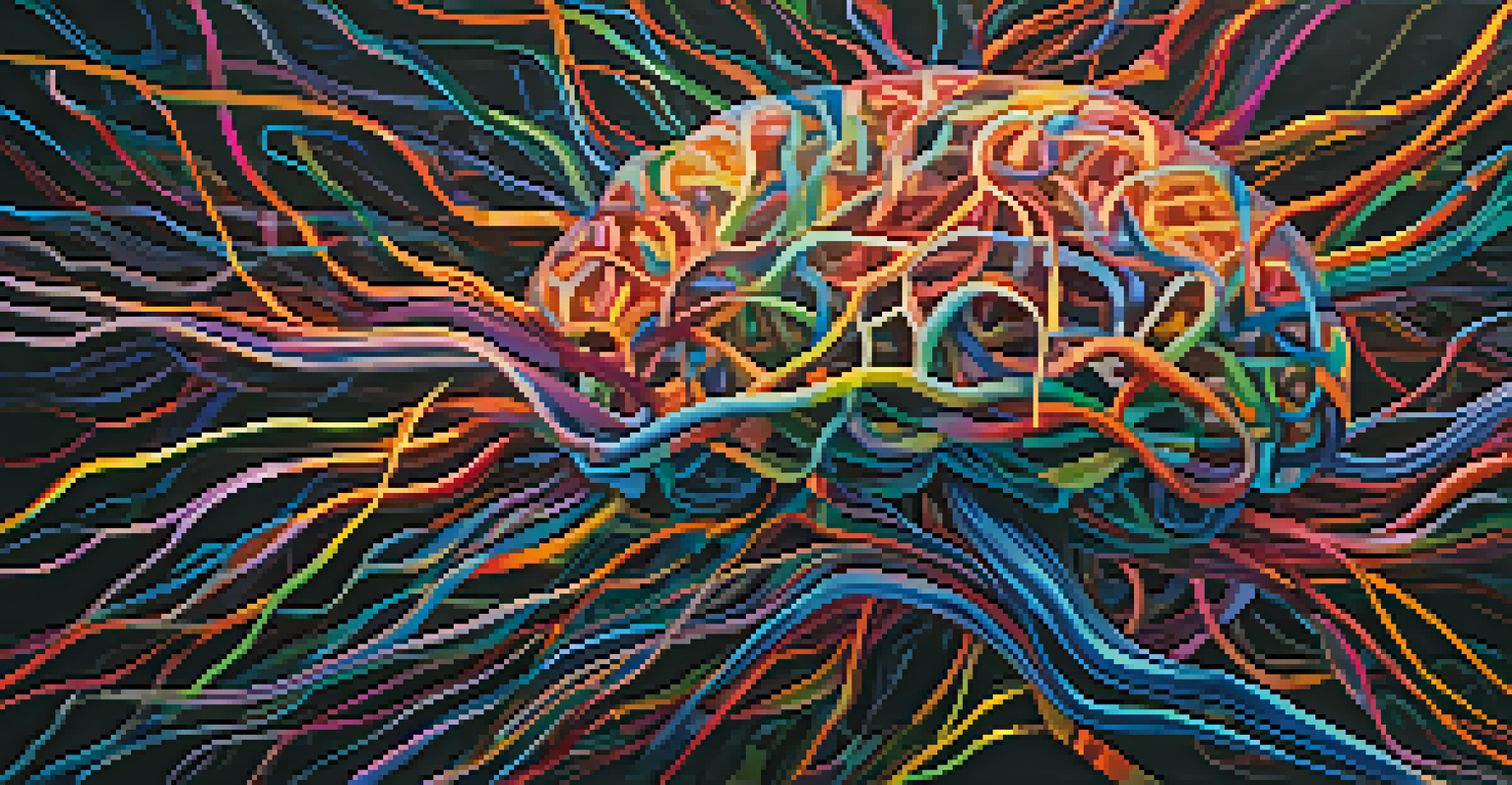An abstract illustration of a human brain with colorful neural pathways against a dark background.