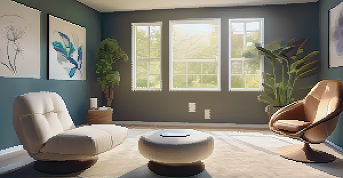 A peaceful therapy room with a recliner, psilocybin mushroom, and smartwatch on a table, surrounded by calming art and natural light from a window.