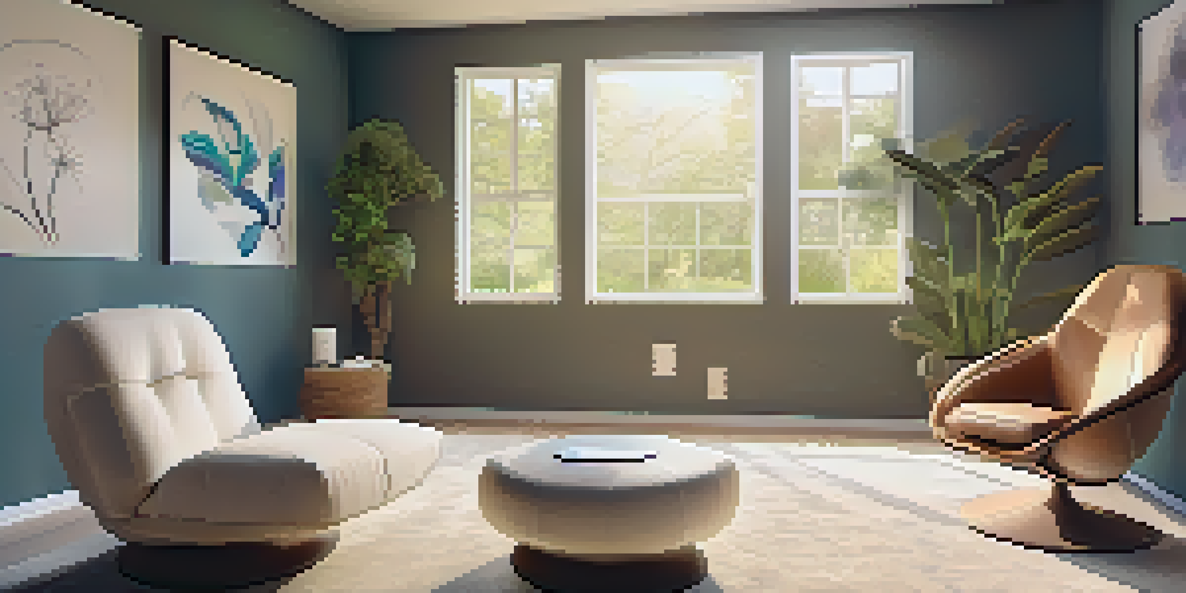 A peaceful therapy room with a recliner, psilocybin mushroom, and smartwatch on a table, surrounded by calming art and natural light from a window.