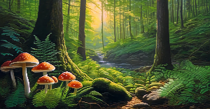 A peaceful forest with sunlight filtering through the trees, a person meditating on a mossy rock surrounded by colorful mushrooms and green ferns.