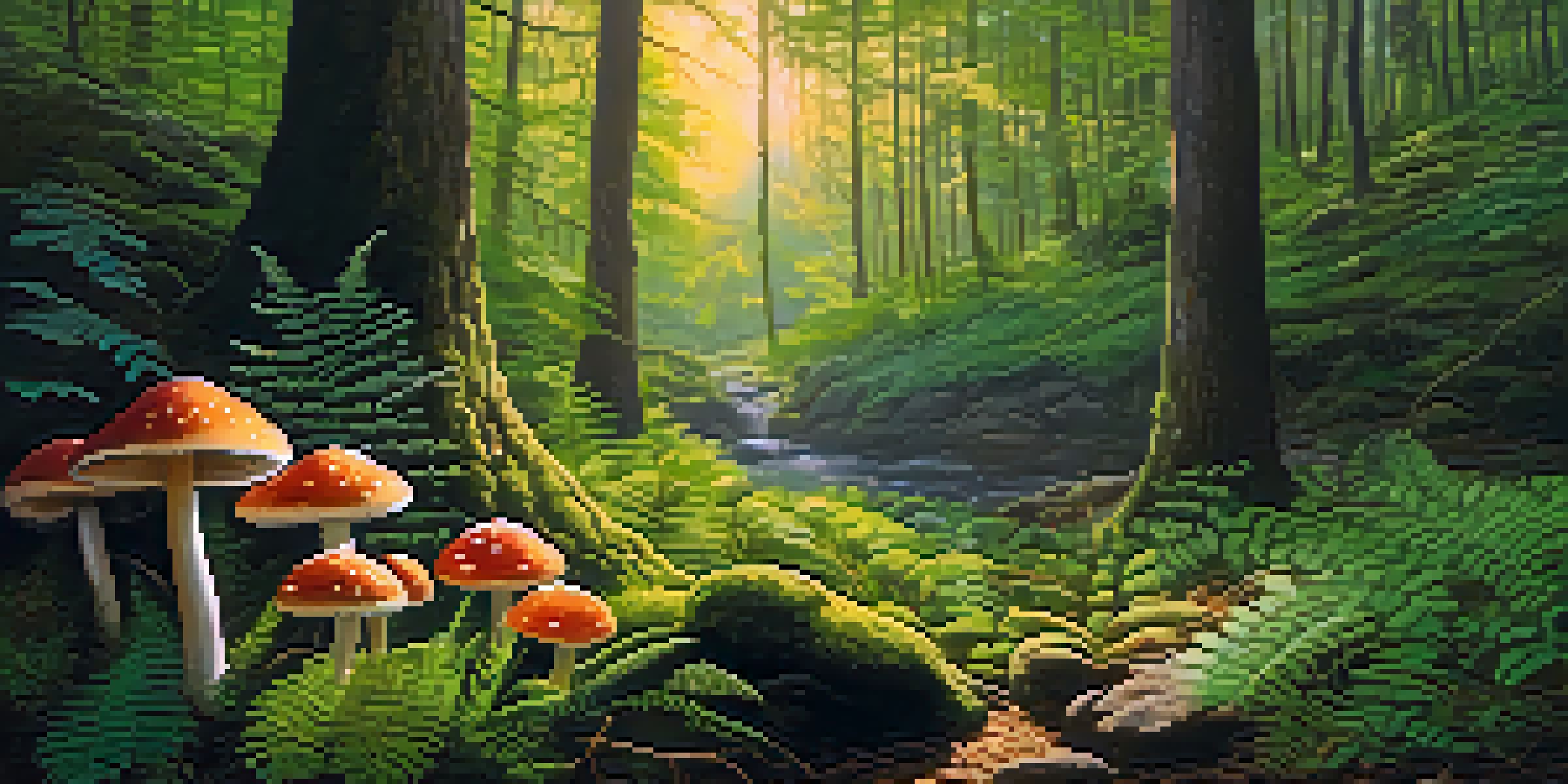 A peaceful forest with sunlight filtering through the trees, a person meditating on a mossy rock surrounded by colorful mushrooms and green ferns.