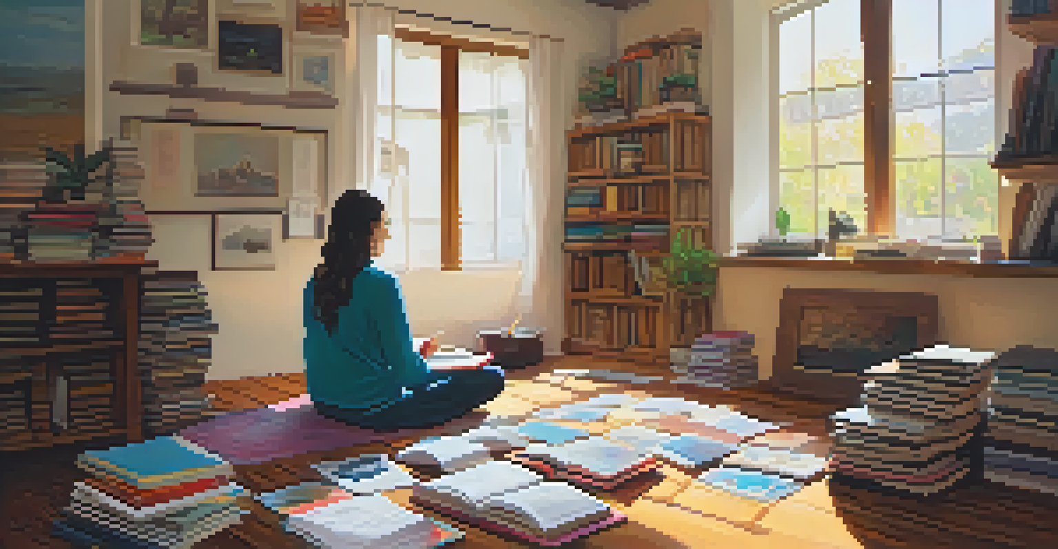 A cozy room with journals and pens on a table, and a person meditating on a rug, bathed in warm light.