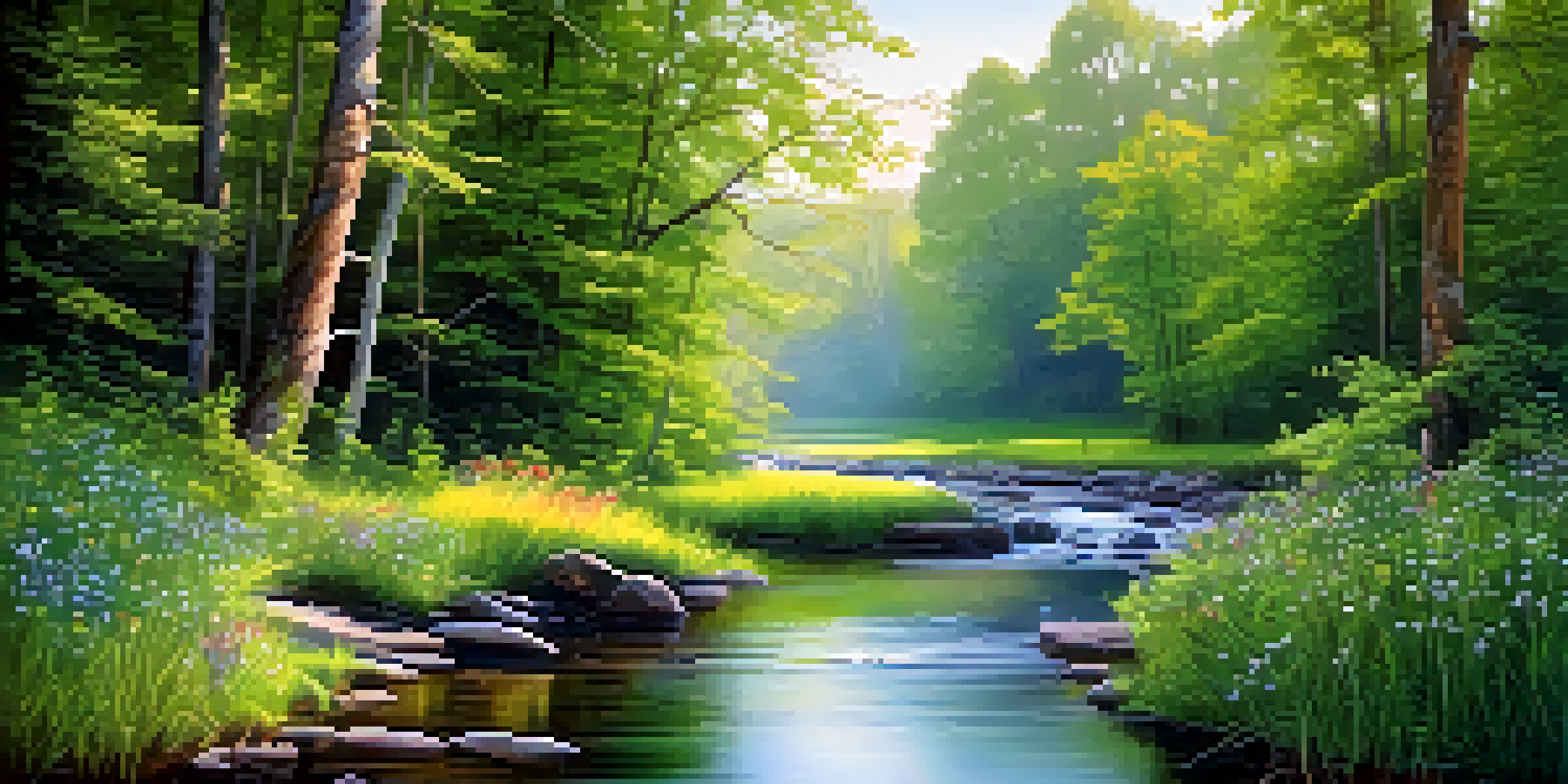 A peaceful forest landscape with sunlight filtering through the trees and a gentle stream.