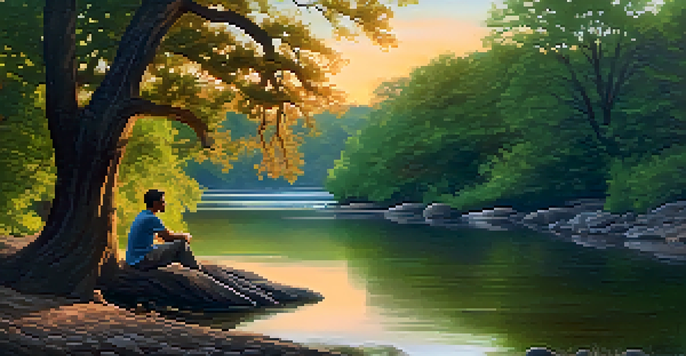 A tranquil forest with an oak tree and a river, where a person is sitting peacefully, reflecting during sunset.