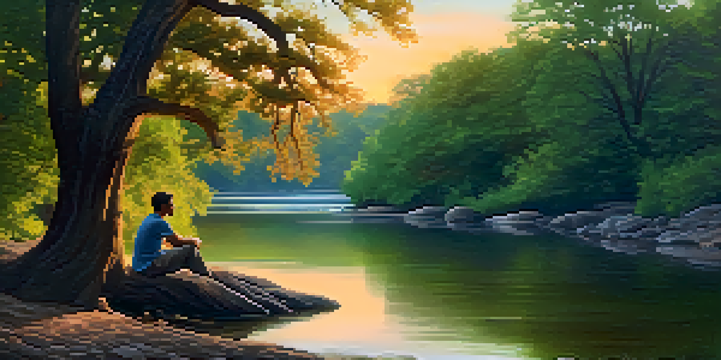 A tranquil forest with an oak tree and a river, where a person is sitting peacefully, reflecting during sunset.