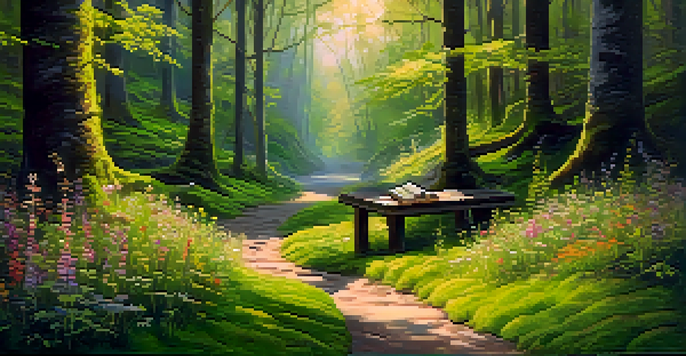 A peaceful forest scene with sunlight, a pathway, a person journaling on a bench, and colorful wildflowers.