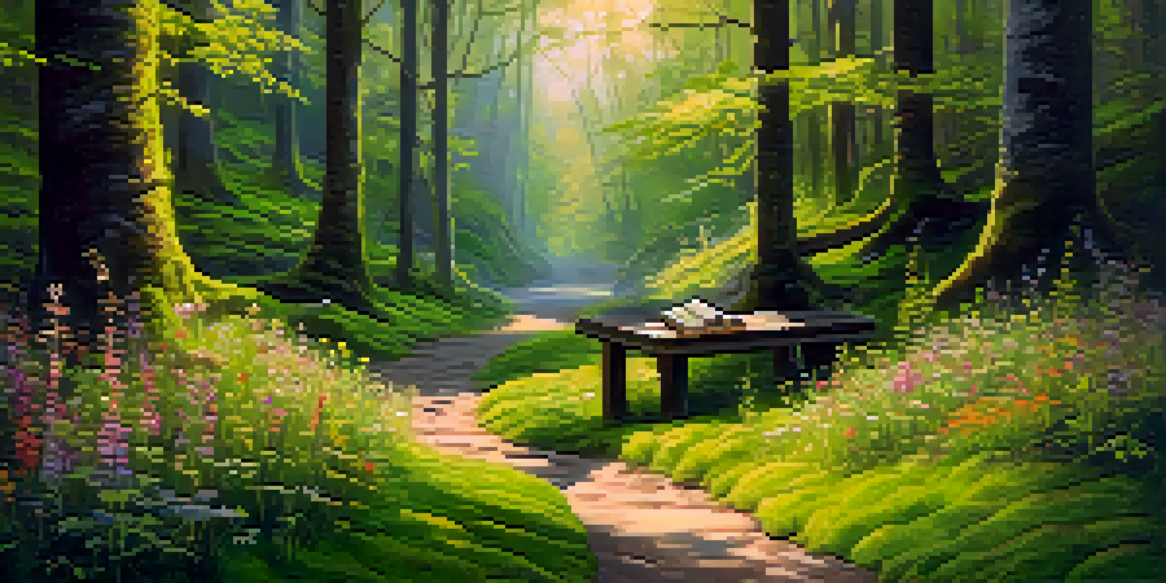 A peaceful forest scene with sunlight, a pathway, a person journaling on a bench, and colorful wildflowers.
