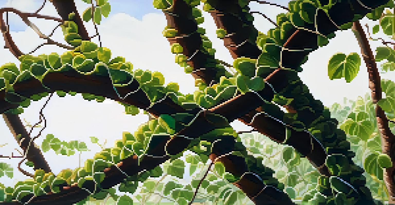 A detailed close-up of the Banisteriopsis caapi vine with sunlight filtering through leaves, showcasing its texture and natural beauty.