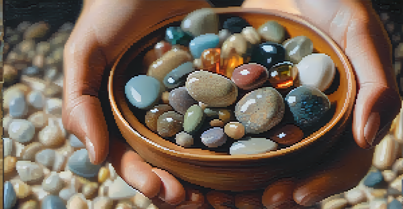 A hand holding a ceramic bowl filled with colorful stones and crystals, with a blurred background emphasizing textures.