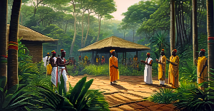 A peaceful forest scene in West Africa showcasing the Iboga plant with participants in traditional attire celebrating a Bwiti ceremony.