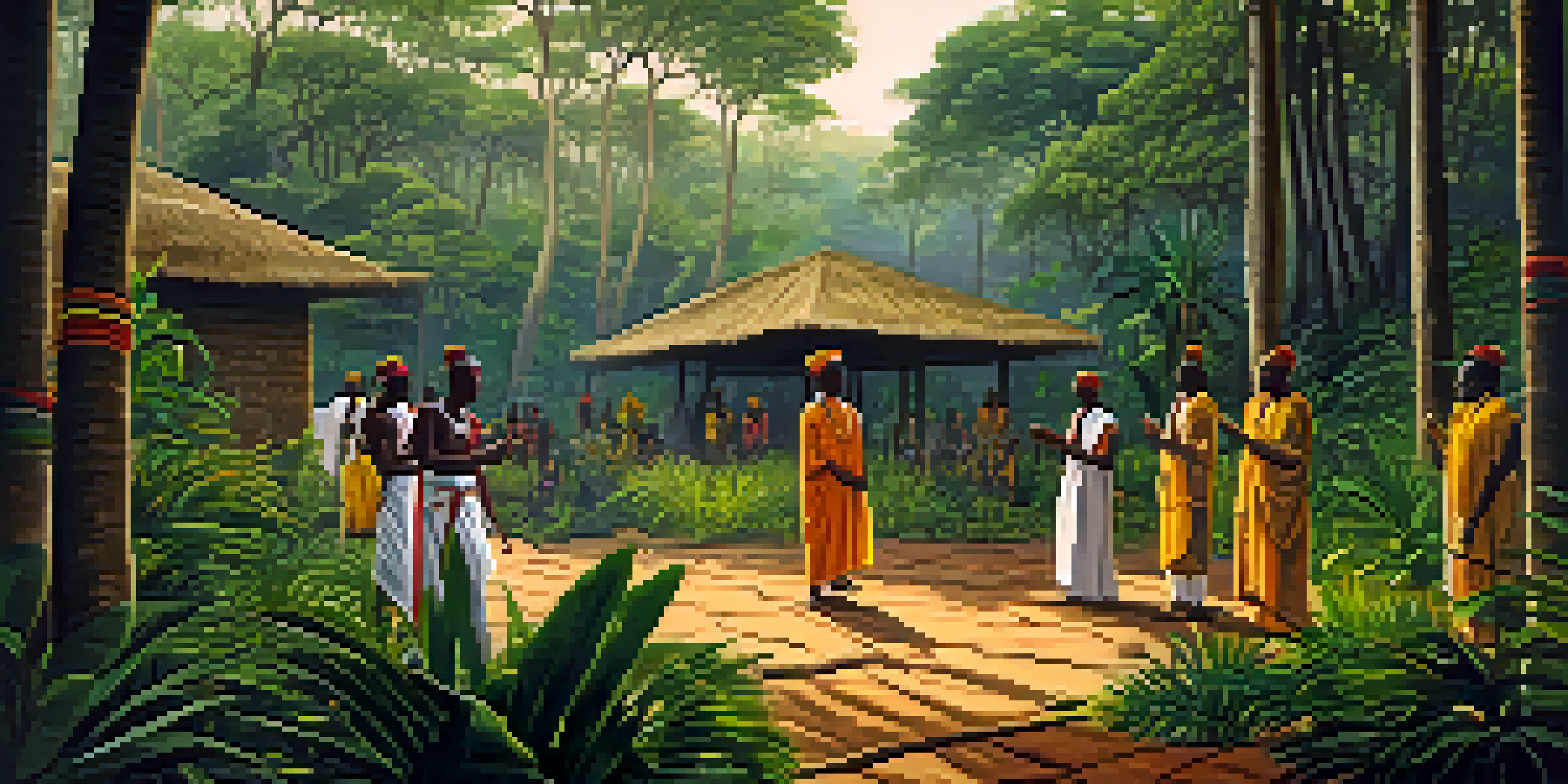 A peaceful forest scene in West Africa showcasing the Iboga plant with participants in traditional attire celebrating a Bwiti ceremony.