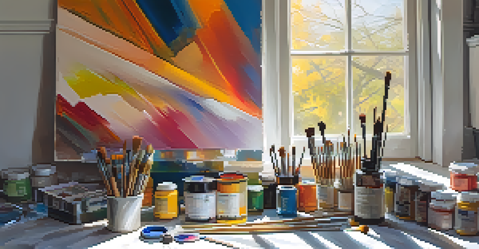 An artist's workspace showing paints, brushes, and a canvas with an abstract landscape, illuminated by sunlight.