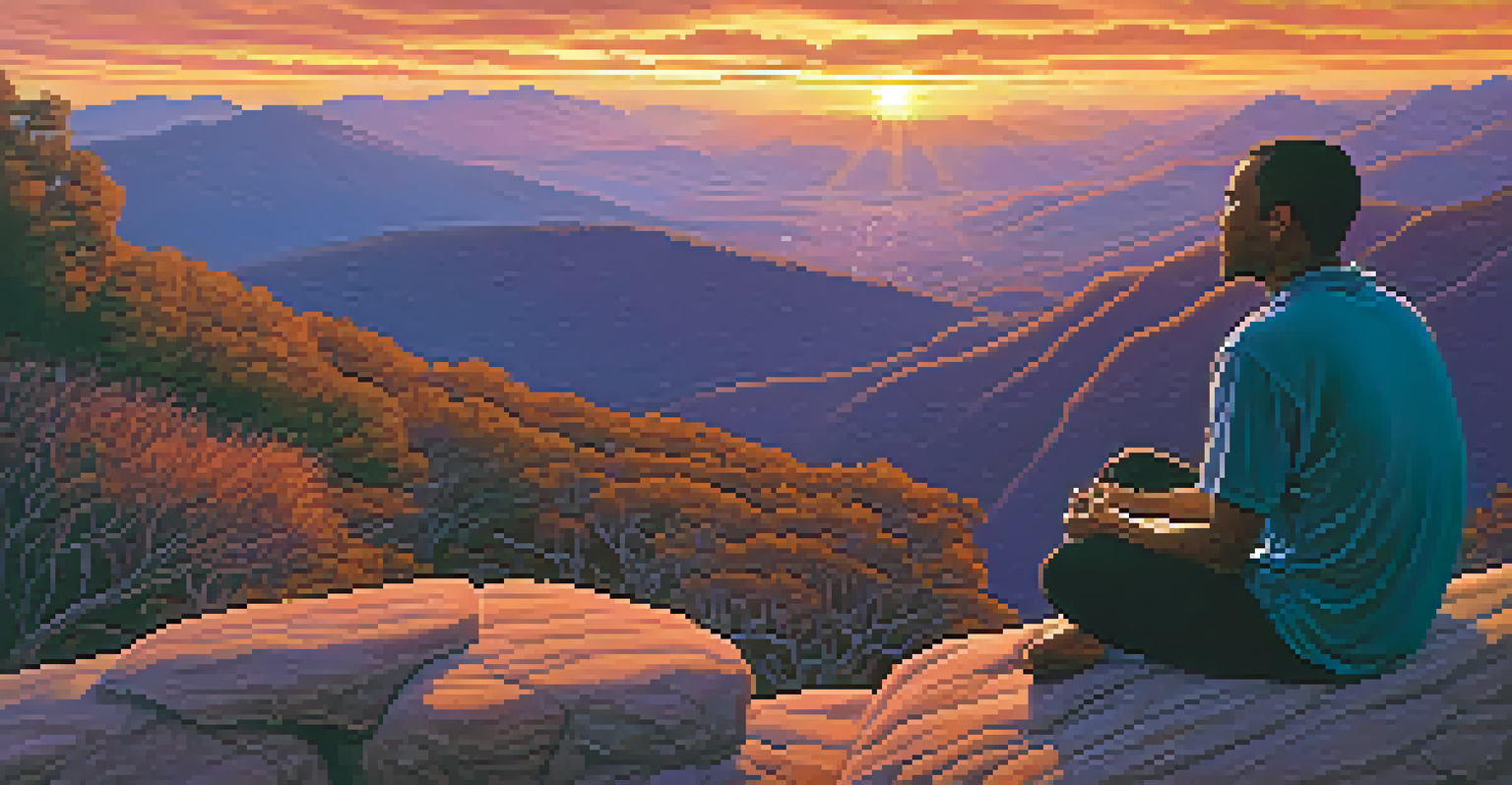 A person meditating on a mountain peak at sunset, surrounded by colorful skies.