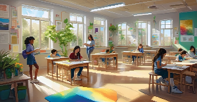 A bright and colorful classroom where students are collaborating and creating art, surrounded by plants and artwork.