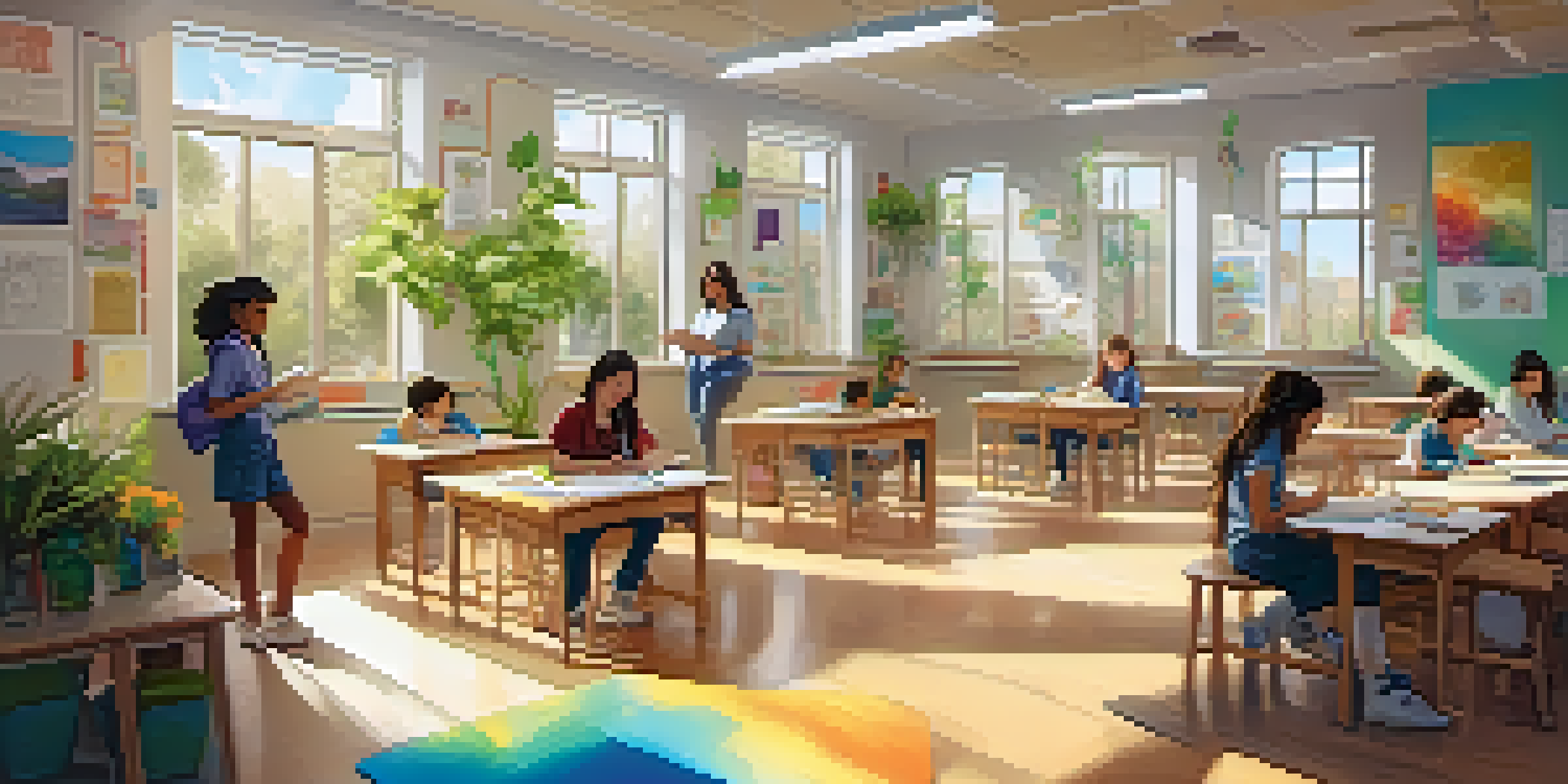 A bright and colorful classroom where students are collaborating and creating art, surrounded by plants and artwork.