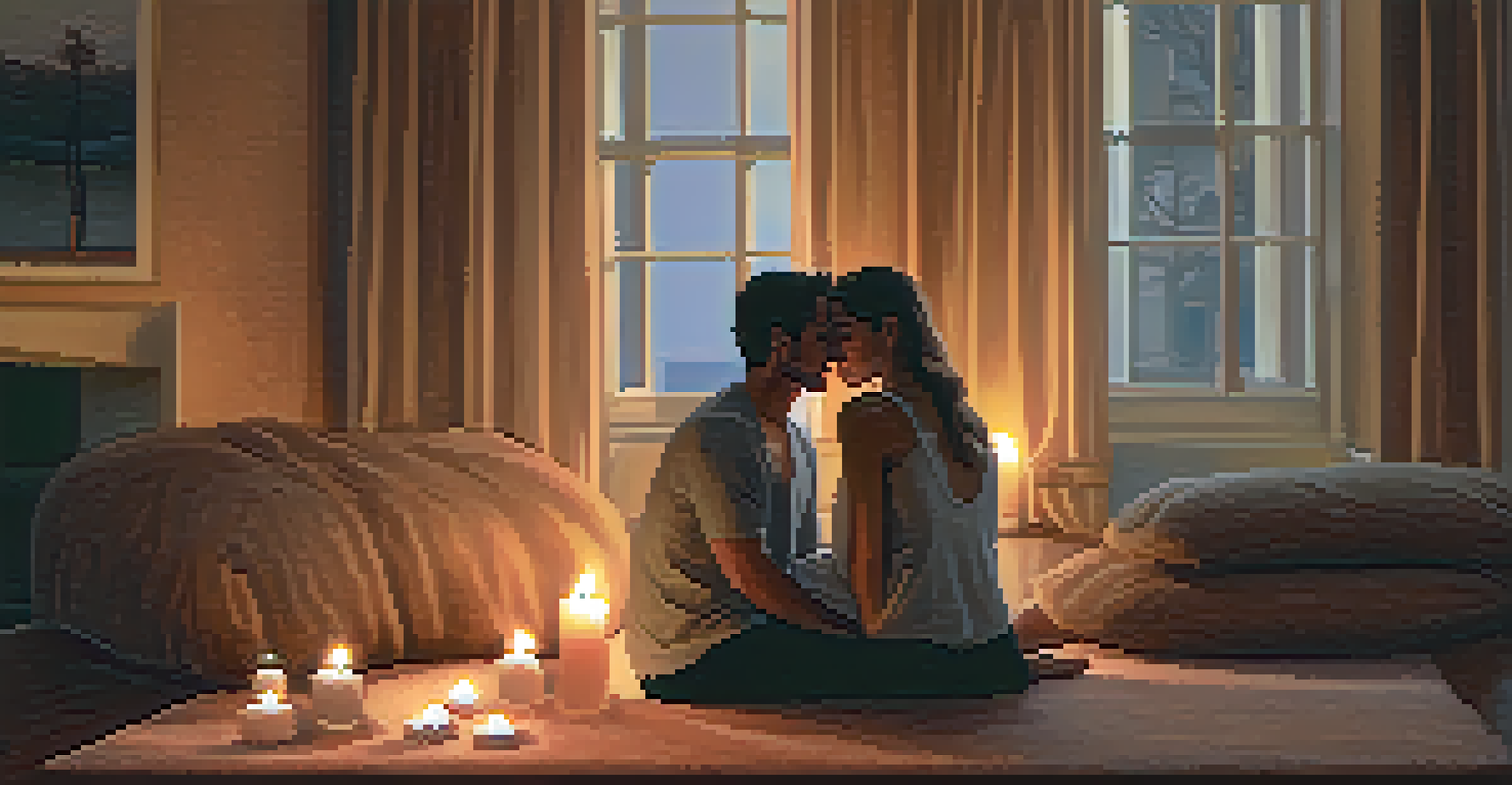A couple sitting on a rug in a softly lit room, surrounded by candles, showing deep emotional connection.