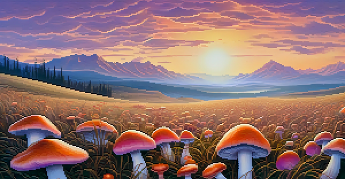 A field filled with colorful psilocybin mushrooms under a sunset, with mountains in the background and a colorful sky.