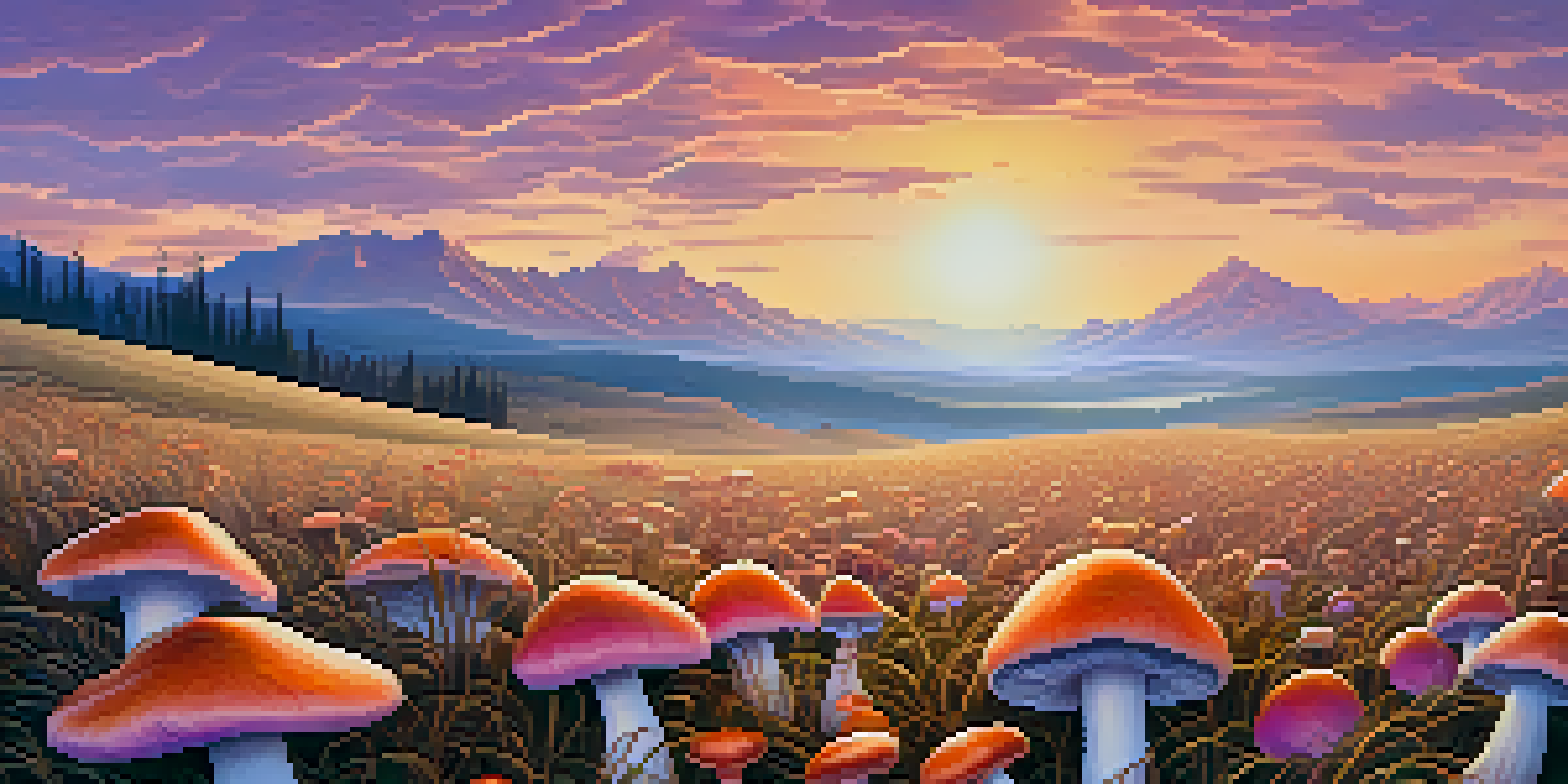 A field filled with colorful psilocybin mushrooms under a sunset, with mountains in the background and a colorful sky.